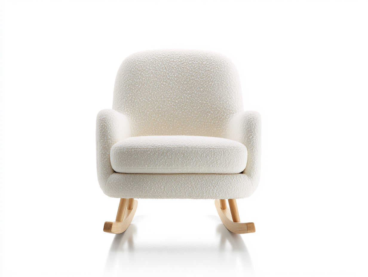 Mecedoras tapizadas en tejido bouclé 72 x 86 x 88 cm - Crema y natural - Patines de madera - Diseño moderno