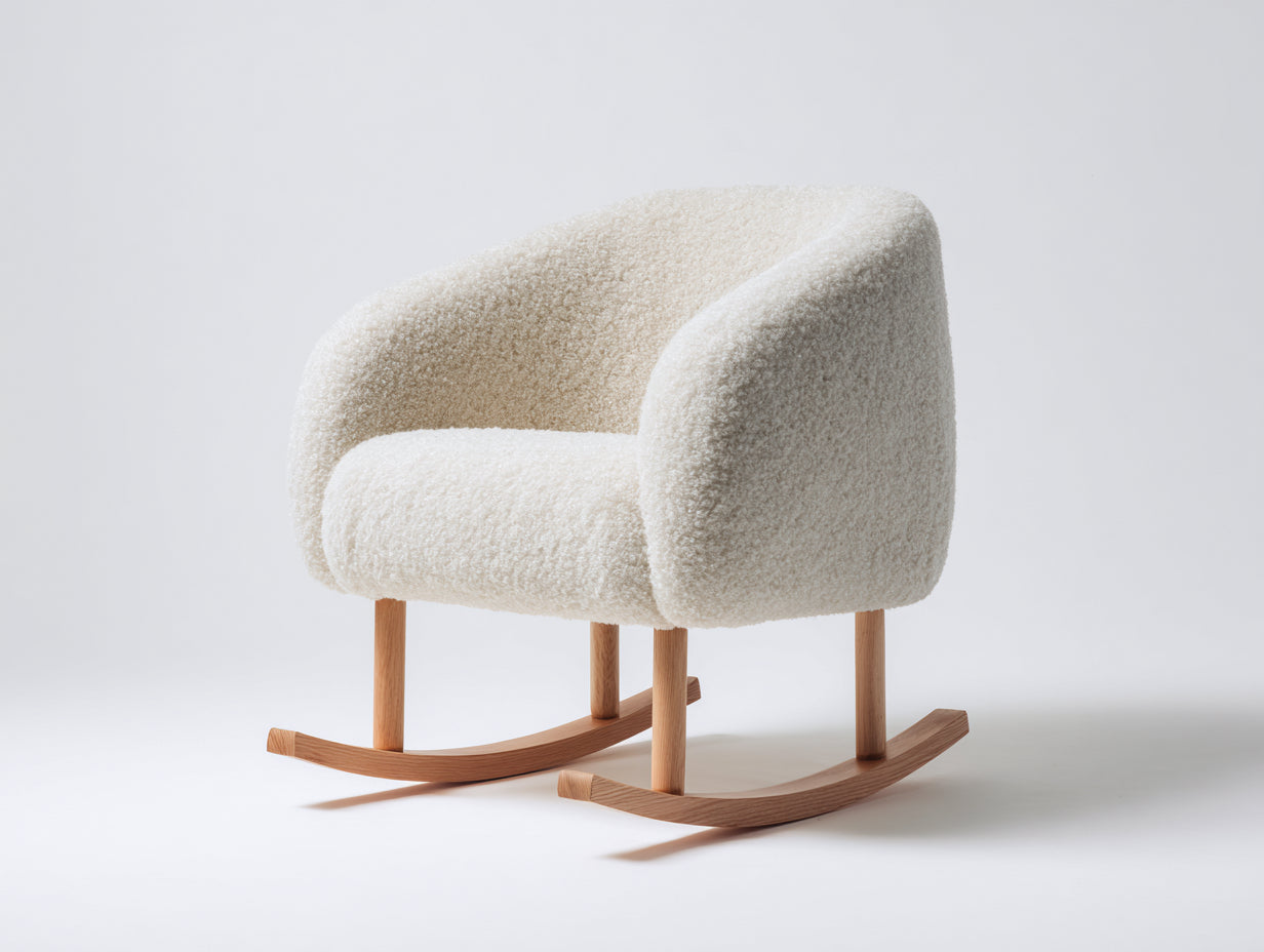 Mecedora tapizada de tejido rizado 76 x 82 x 84 cm - blanco roto y madera natural - diseño envolvente con base curva para salón y dormitorio