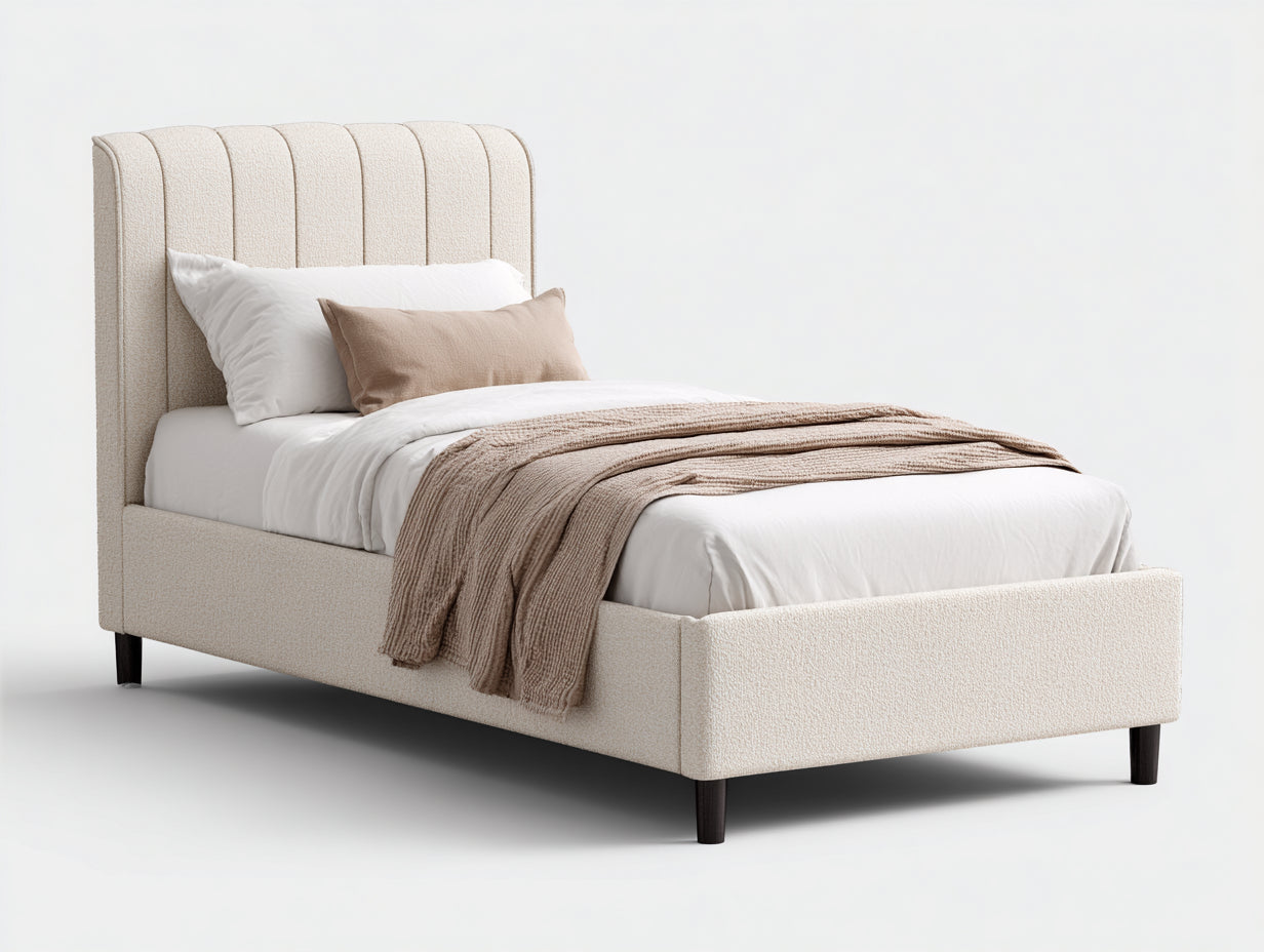 Camas individuales tapizadas 215 x 110 x 120 cm - Crema - Cabecero alto acolchado - Diseño moderno