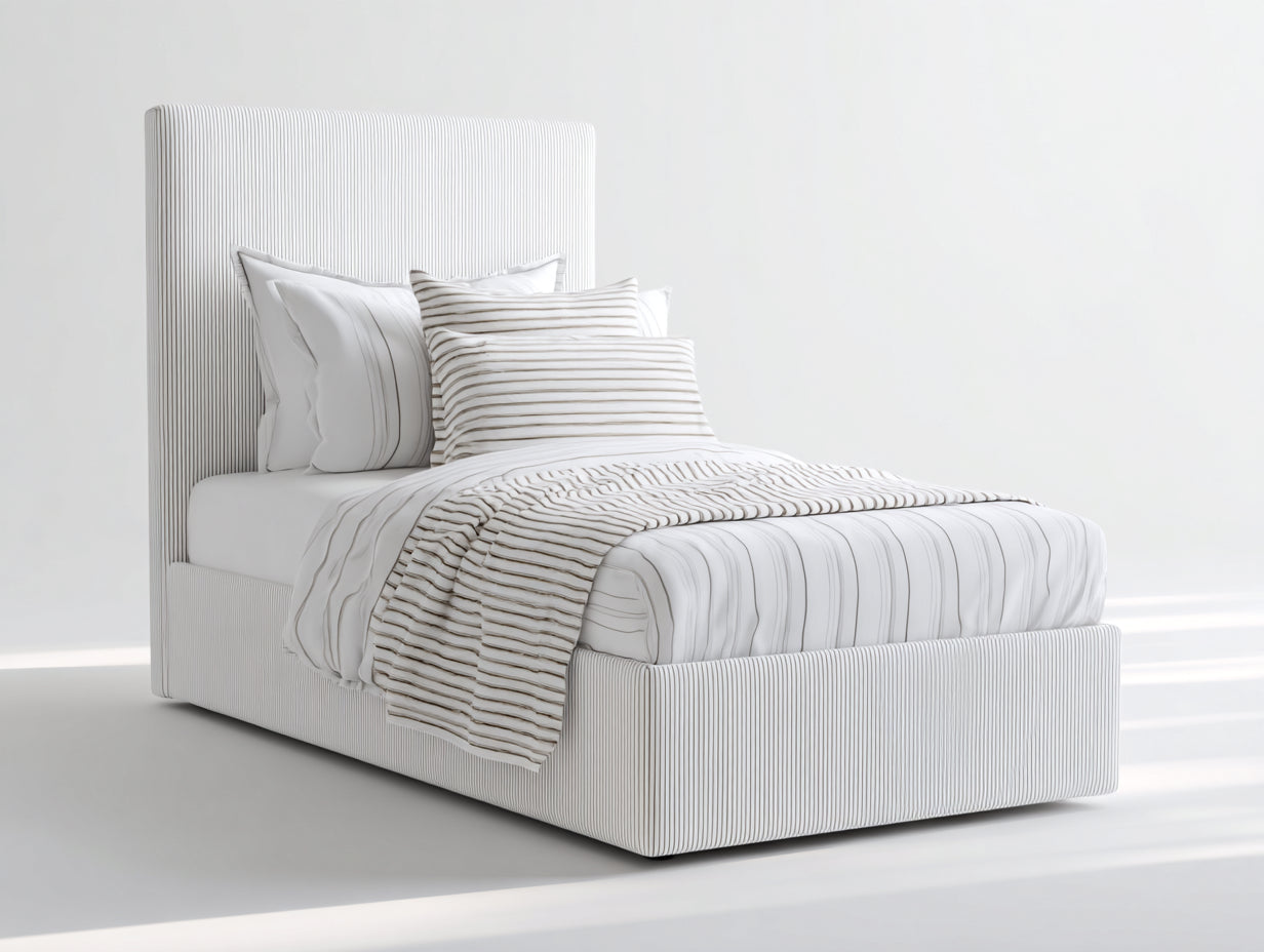 Camas individuales tapizadas 212 x 108 x 125 cm - Blanco y gris - Cabecero alto - Diseño minimalista