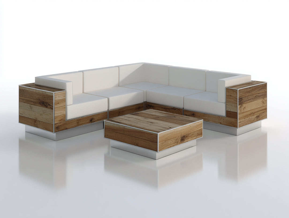 Sofás de exterior de madera y metal 240 x 240 x 75 cm - marrón natural y blanco - conjunto esquinero con mesa baja para terraza