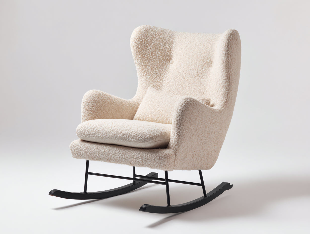 Mecedora tapizada de tejido rizado 82 x 92 x 108 cm - blanco roto y negro - respaldo alto envolvente para salón y dormitorio
