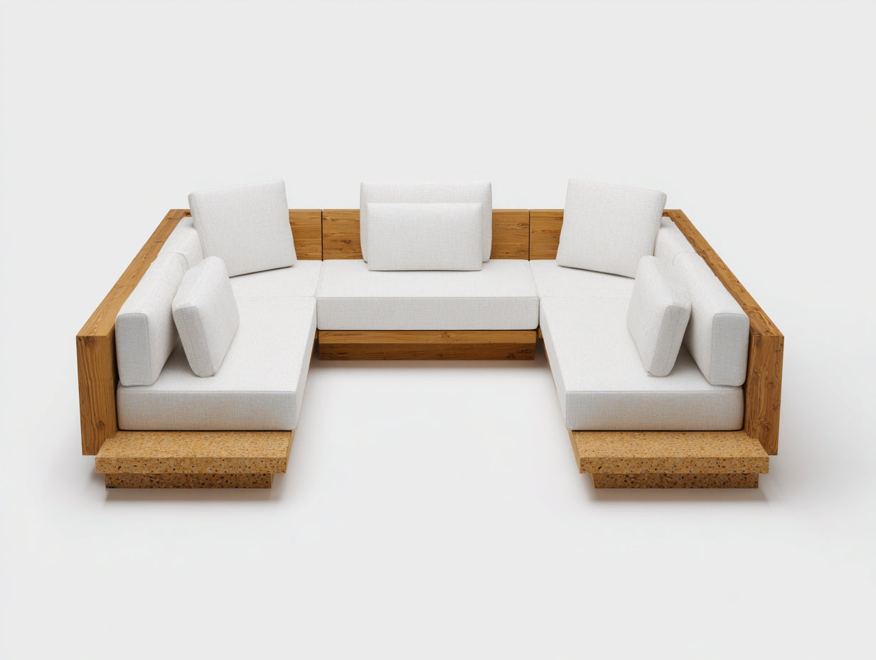Sofás de exterior modulares 300 x 230 x 75 cm - Madera natural y blanco - Diseño en U