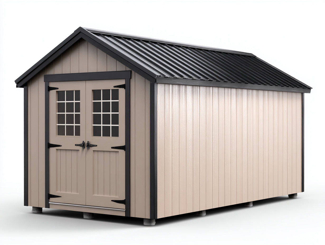 Casetas de jardín de madera y metal 300 x 240 x 240 cm - beige y negro - doble puerta con ventanas y tejado a dos aguas