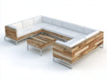 Sofás de exterior modulares de madera y metal 310 x 240 x 75 cm - Natural y blanco - Con mesa de centro - Diseño contemporáneo