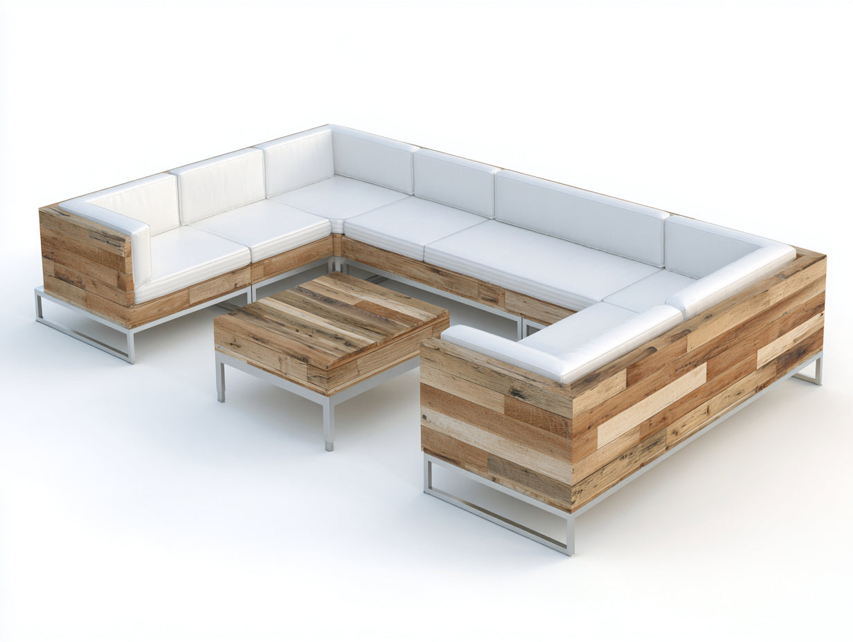 Sofás de exterior modulares de madera y metal 310 x 240 x 75 cm - Natural y blanco - Con mesa de centro - Diseño contemporáneo