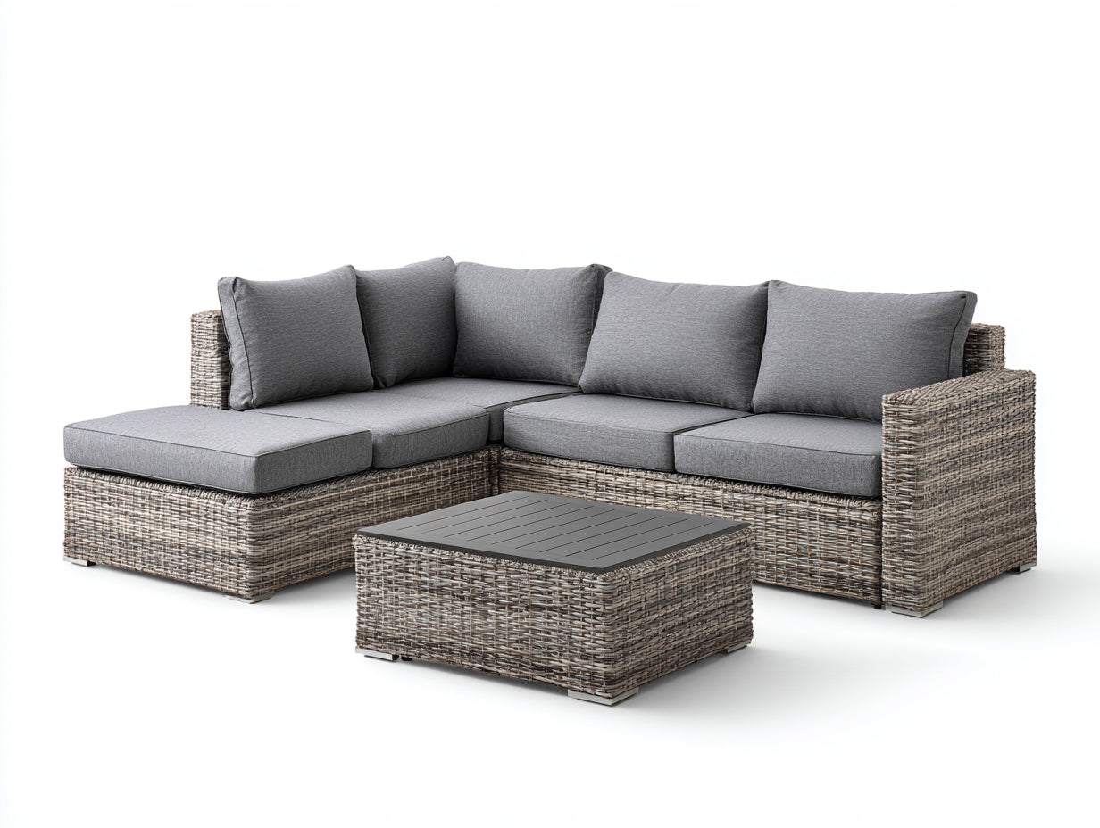 Sofá de exterior modular de ratán con mesa 245 x 180 x 72 cm - gris y marrón - diseño esquinero para jardín y terraza
