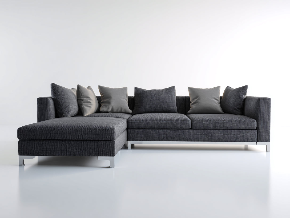 Sofás de esquina tapizados 295 x 170 x 82 cm - gris antracita y plata - con módulo de descanso alargado y patas metálicas para salón