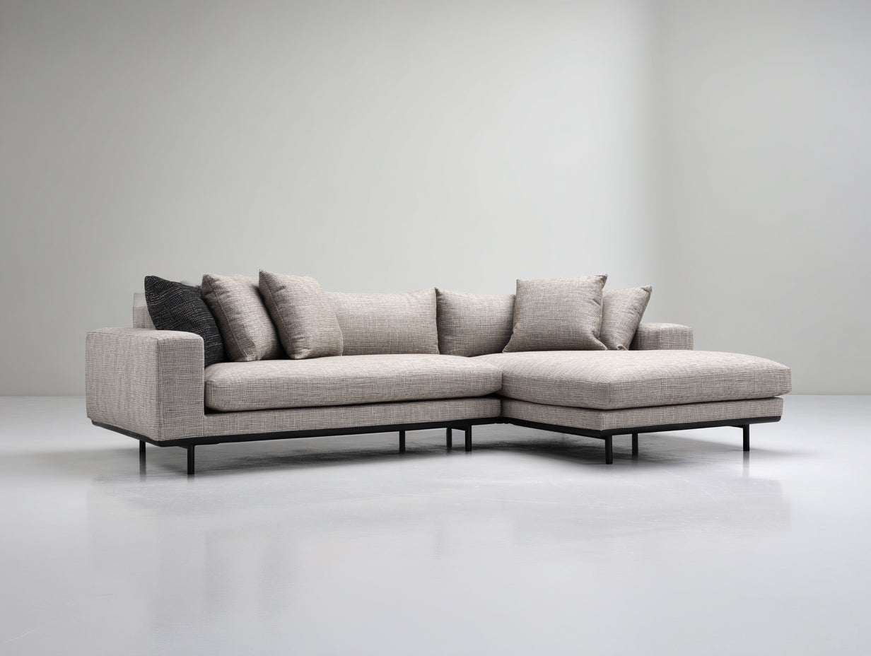 Sofás de esquina tapizados 285 x 175 x 80 cm - beige claro y negro - con módulo de descanso alargado y patas metálicas para salón