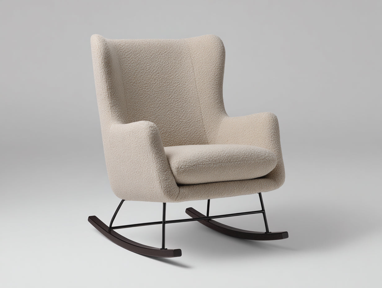 Mecedoras tapizadas en tejido bouclé 80 x 92 x 108 cm - Crema - Base metálica con patines de madera - Diseño moderno