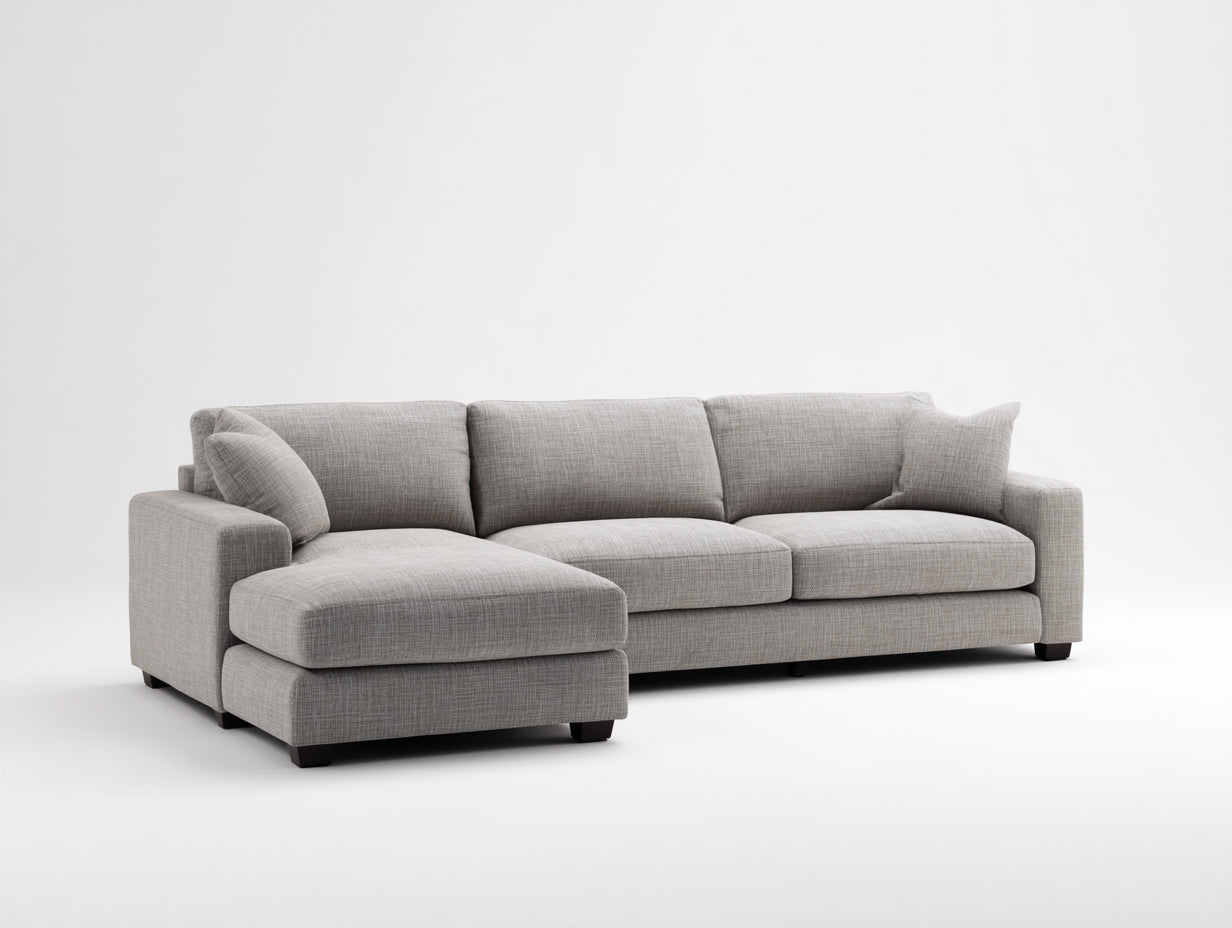 Sofás de esquina tapizados 285 x 165 x 85 cm - gris claro y negro - con módulo alargado y diseño moderno para salón