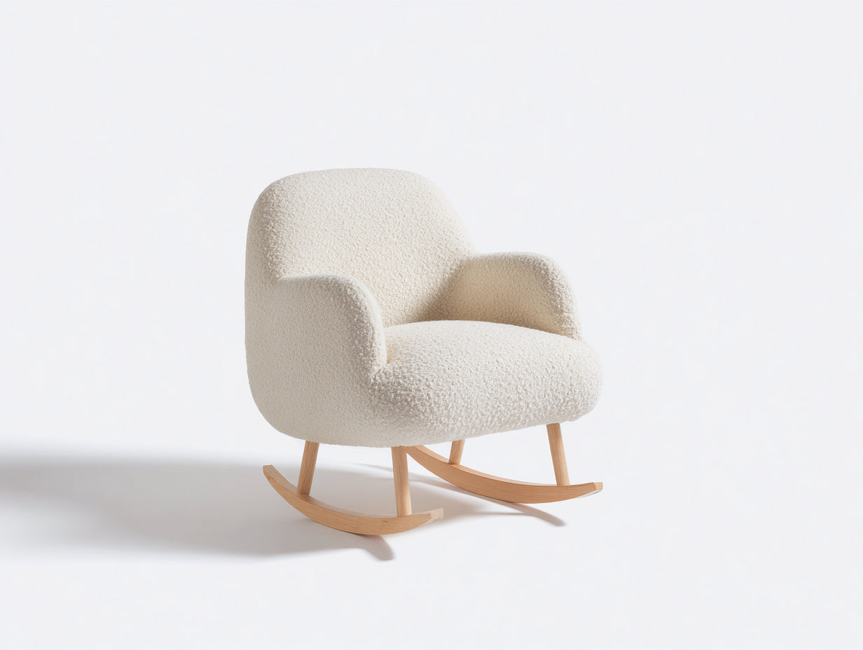 Mecedora tapizada de tejido rizado 78 x 84 x 90 cm - blanco roto y madera natural - diseño envolvente para salón y dormitorio