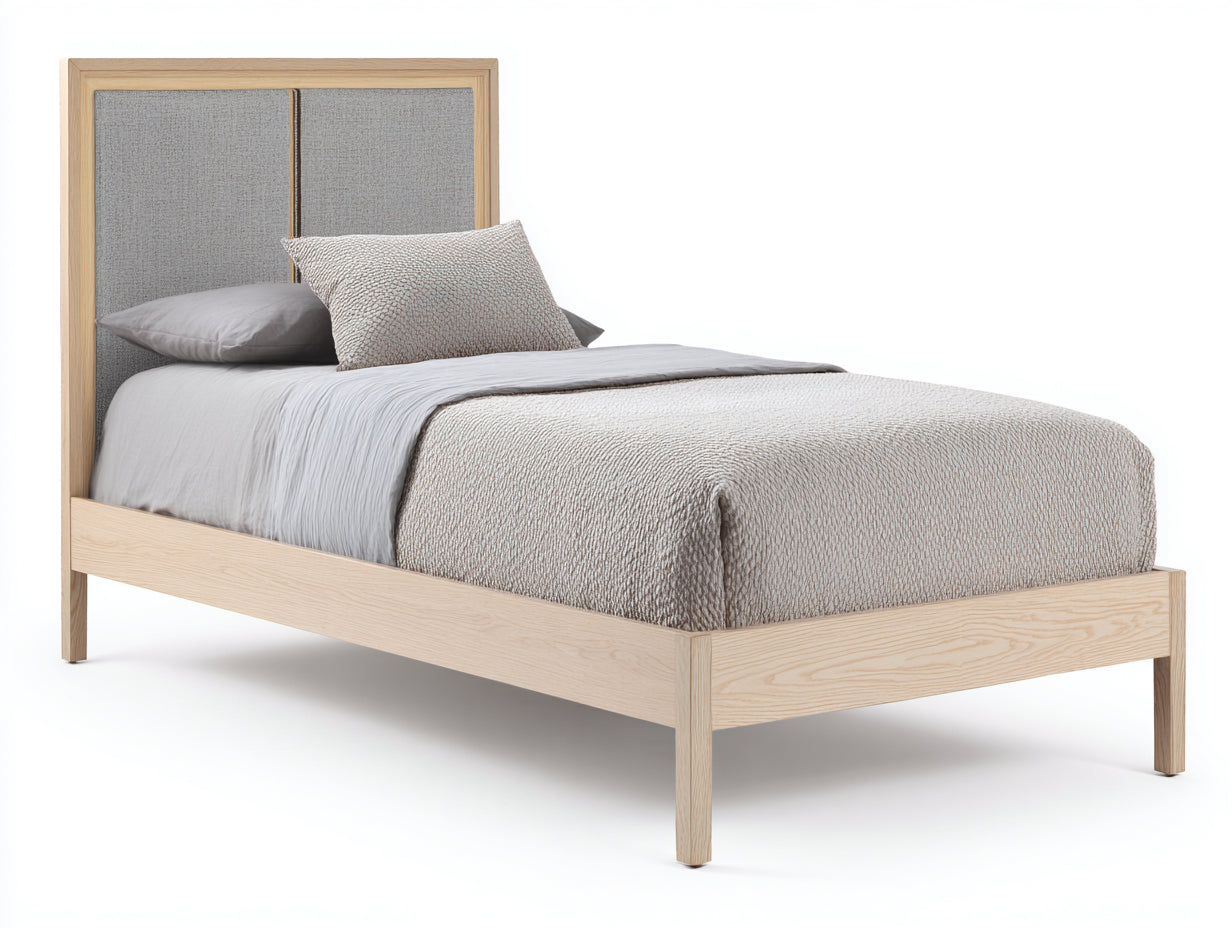 Cama individual de madera con cabecero tapizado 205 x 105 x 118 cm - natural y gris - diseño moderno para dormitorio