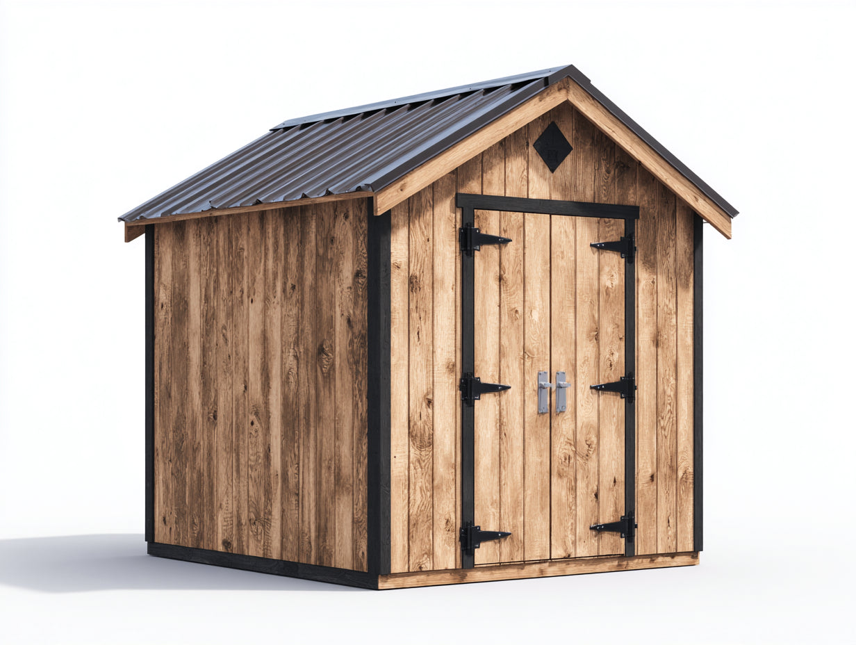 Caseta de jardín de madera con 2 puertas 220 x 180 x 230 cm - marrón natural y negro - tejado a dos aguas para herramientas de exterior